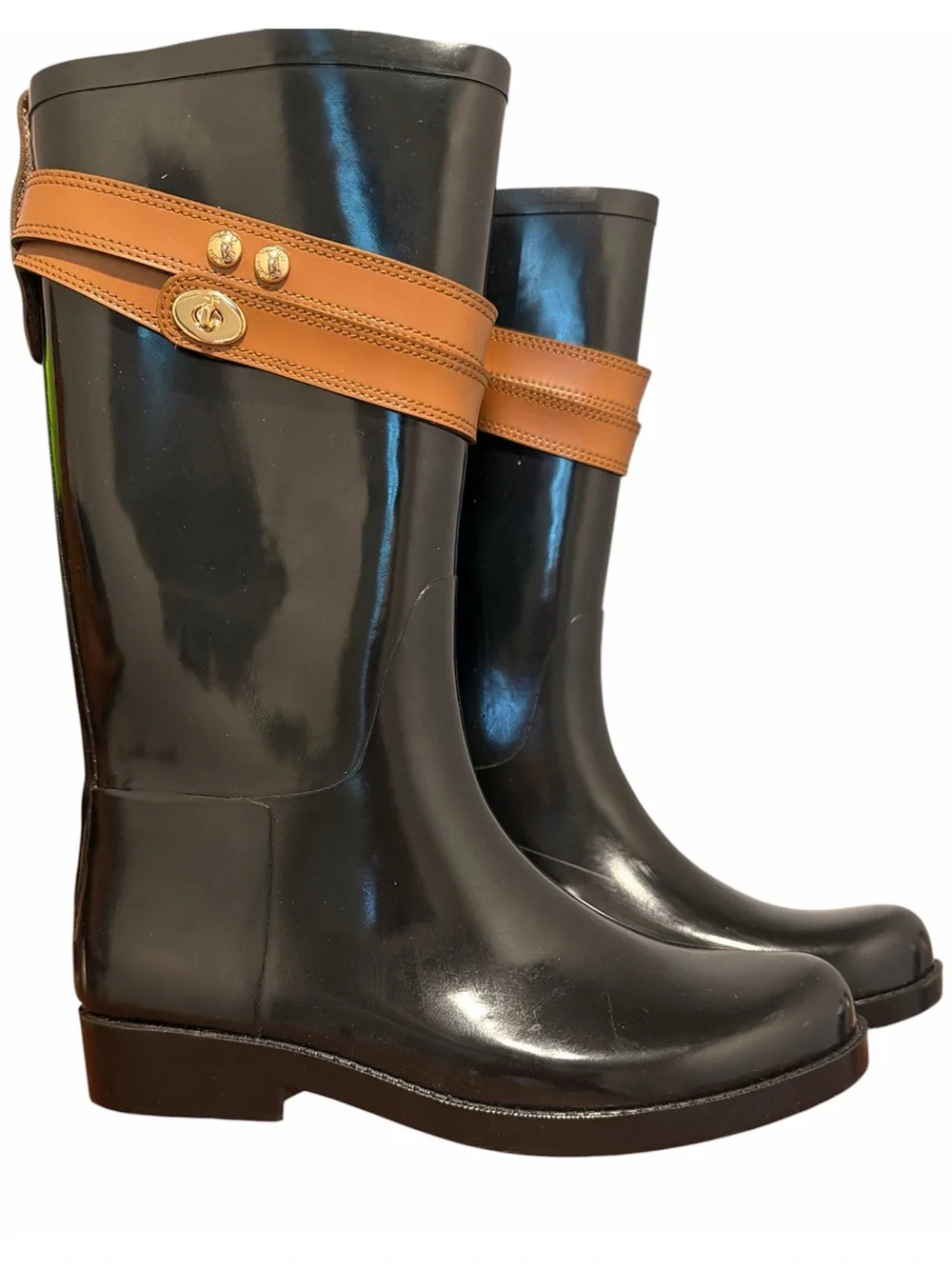 Coach Black Rain Boots with Tan Strap and Gold Accent